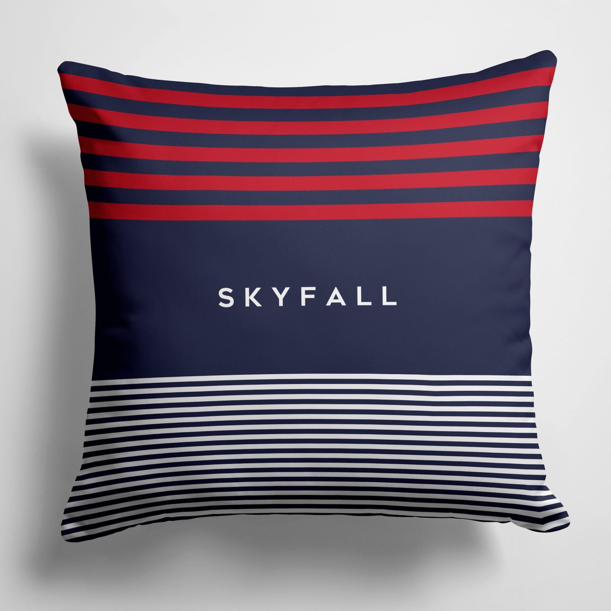 Personalised Nautical Cushion Example in Navy with White and Red Stripes